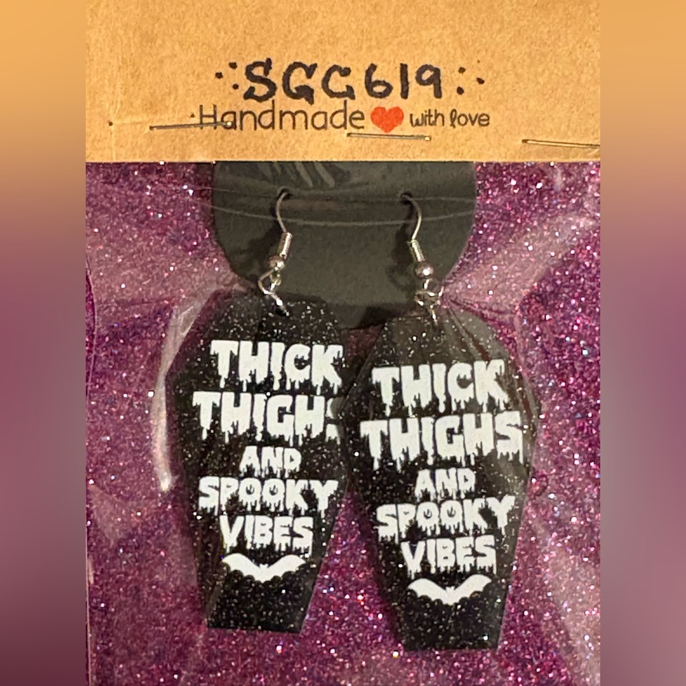 New handmade “thick thighs and spooky vibes” coffin earrings